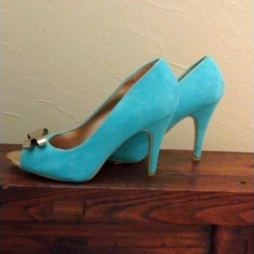D Teal and gold faux suede shoes